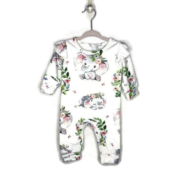 SHEIN Adorable Elephant Sweet Dreams Print Ruffle Onesie 3-6M - Picture 1 of 7
